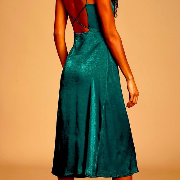 teal satin midi dress